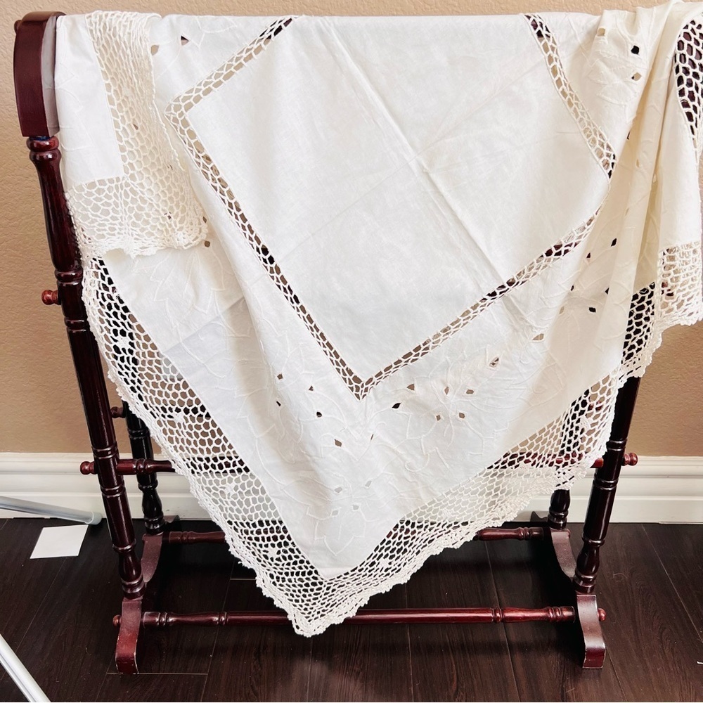 Vintage Cream Square Tablecloth with embroidered detailing, made of linen .